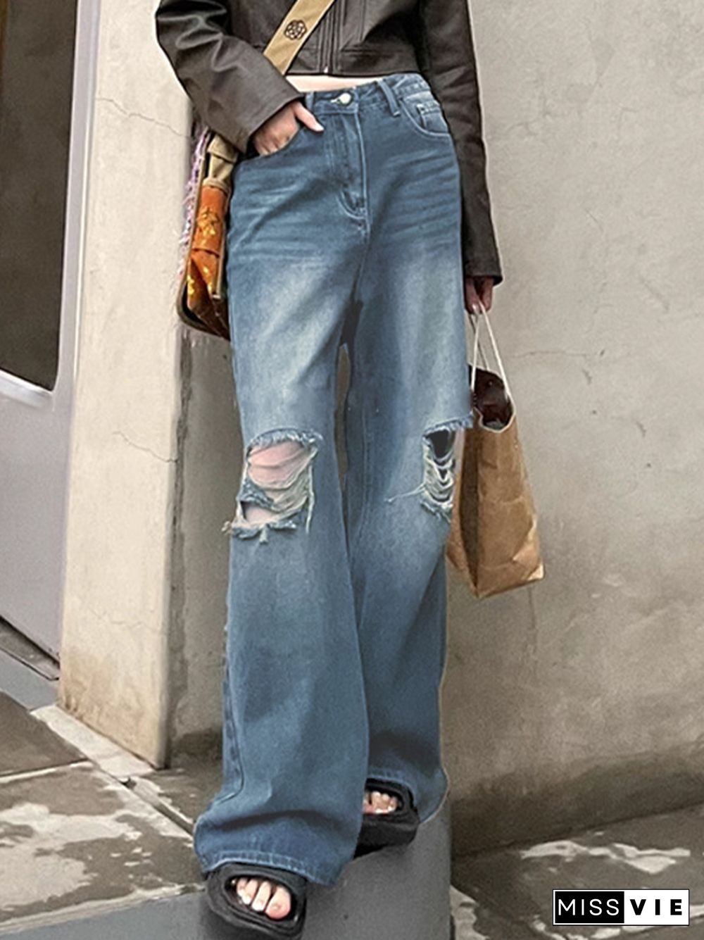 Retro Washed Tattered Design Boyfriend Jeans