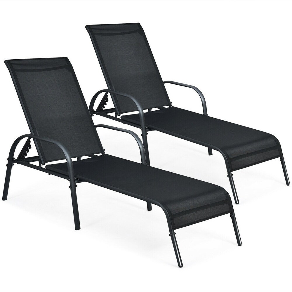 2 Pcs Outdoor Patio Lounge Chair Chaise Fabric with Adjustable Reclining Armrest   75.5\