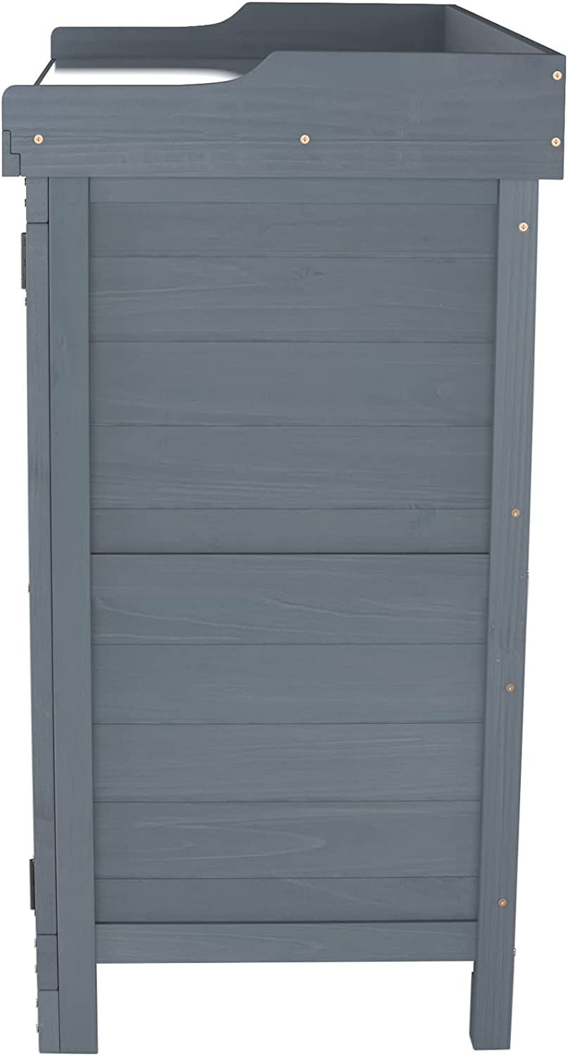 Garden Patio Wooden Storage Cabinet Furniture Waterproof Tool Shed with Potting Benches Outdoor Work Station Table (Gray)