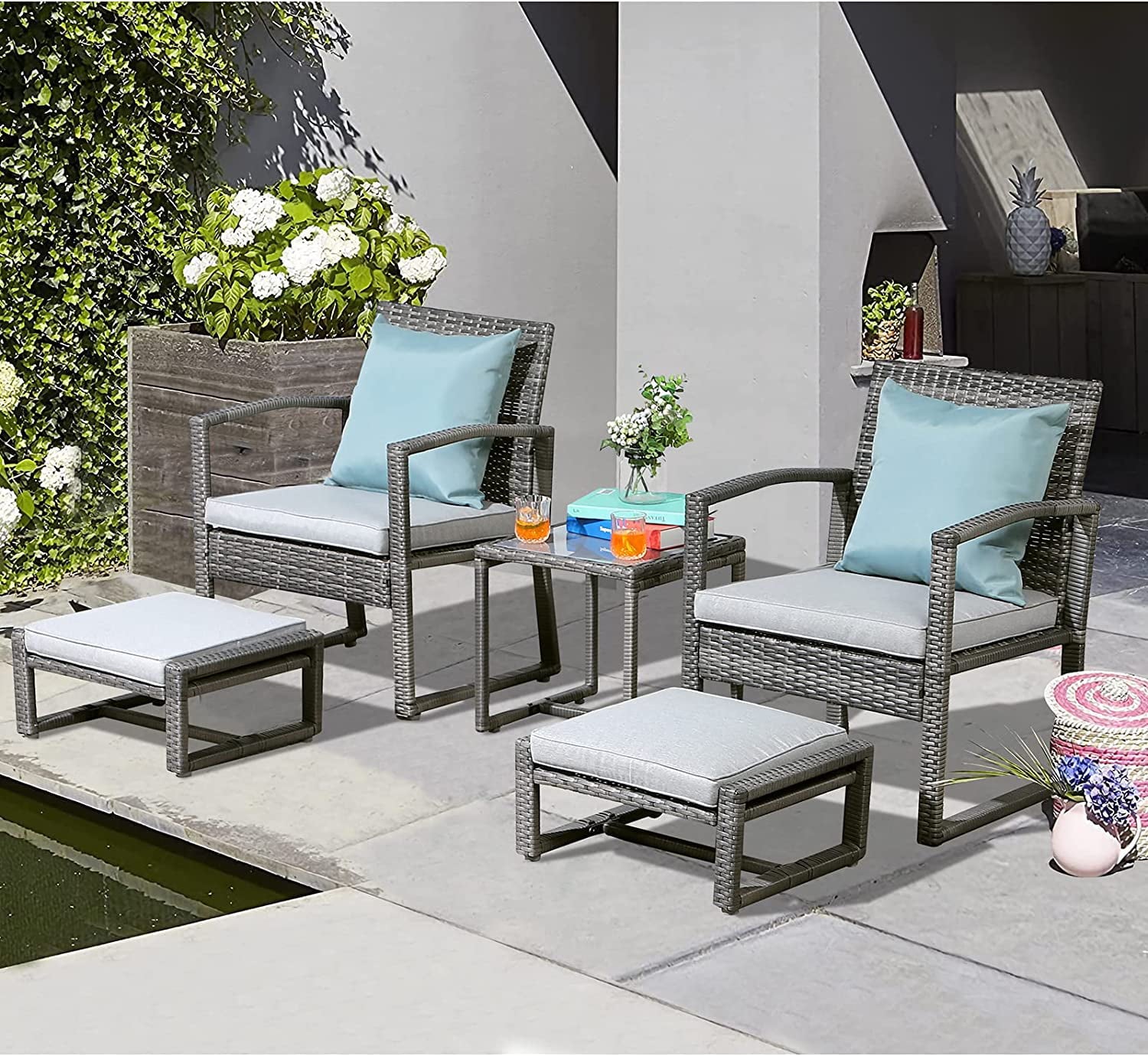 durable Patiorama 5 Piece Outdoor Patio Wicker Furniture Set  All Weather Grey PE Rattan Chair and Ottoman Footstool Set  W/Coffee Table  Cushions (Light Grey) for Garden  Balcony  Porch