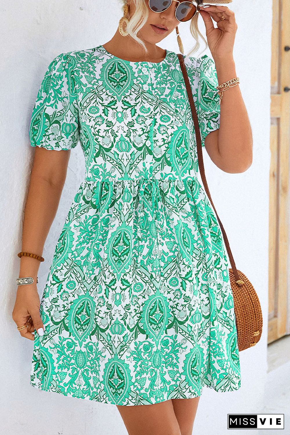 Bubble Sleeves Paisley Print High Waist Dress