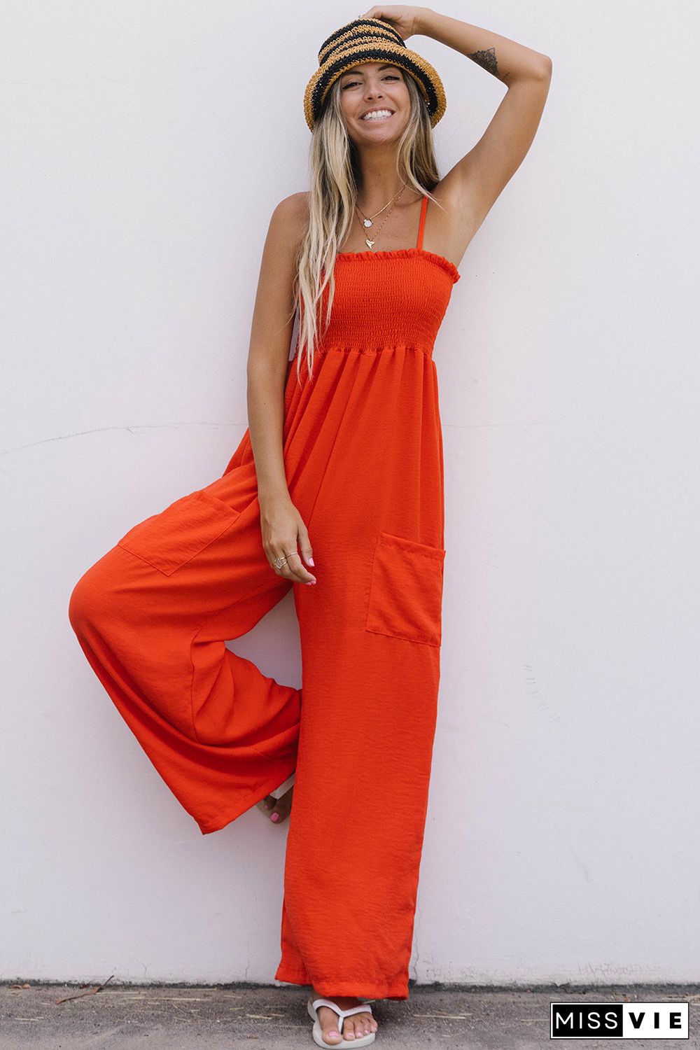 Smocked Spaghetti Straps Wide Leg Jumpsuit