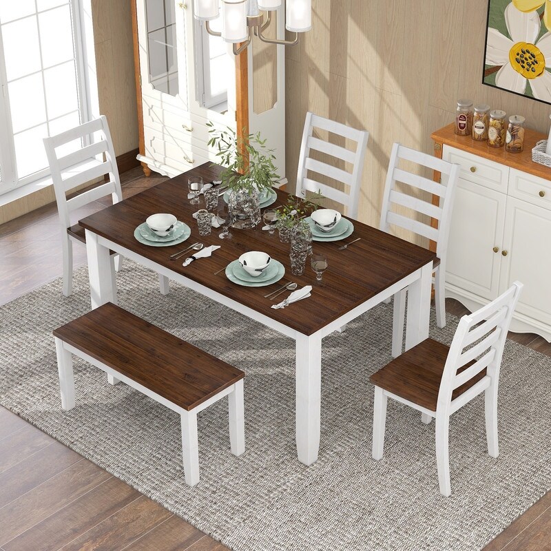 6-piece dining table with bench， kitchen with wooden table， walnut + white cottage