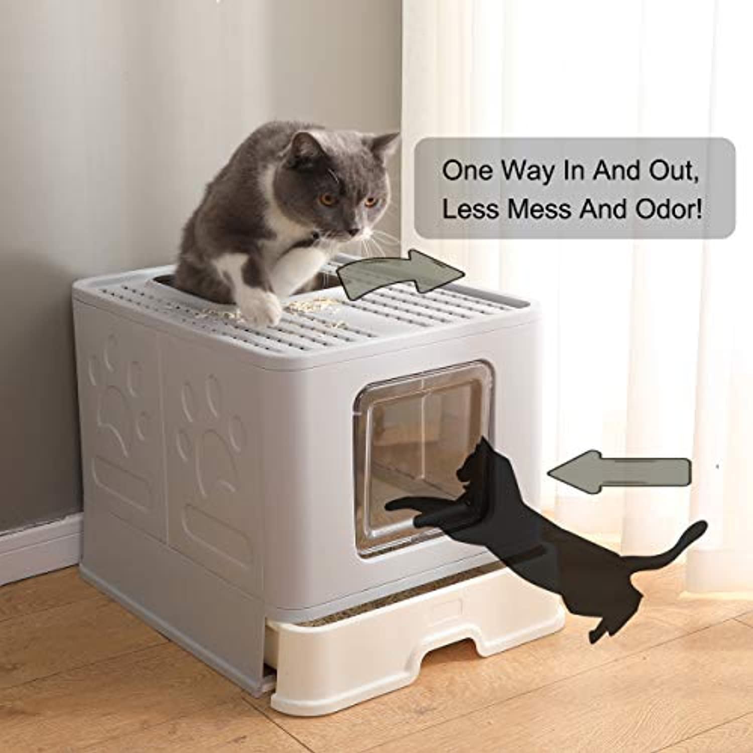 Foldable Cat Litter Box with Lid， Large Enclosed Cat Litter Boxes， Top Entry Cat Potty， Easy to Clean Anti-Splashing Litter Pan Including Litter Scoop (Gray)