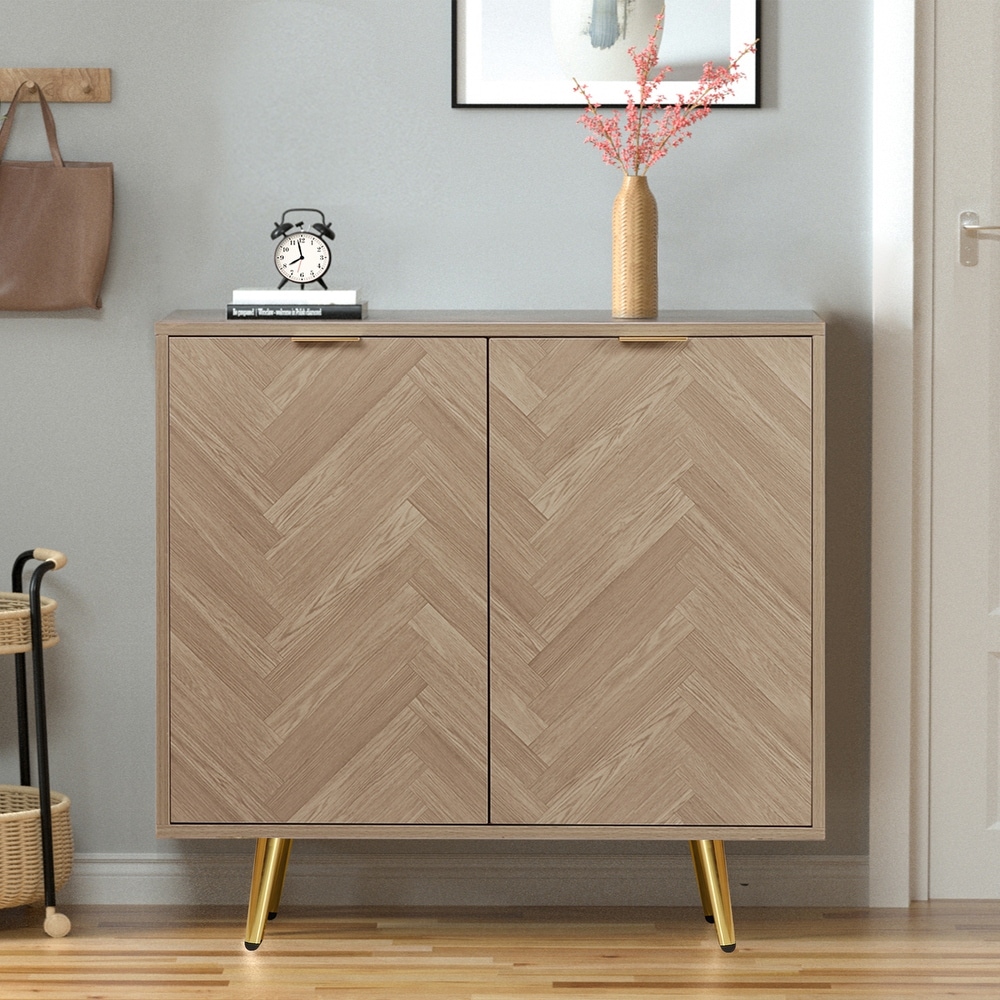 Anmytek Natural Oak Accent Storage Cabinet with 2 Doors Modern Herringbone Sideboard Buffet Cabinet