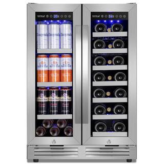 TITTLA 23.47 in. Dual Zone 18-Wine Bottles and 57-Cans Beverage and Wine Cooler in Silver Two Shape of Door Handles Blue LEDs KMYC120