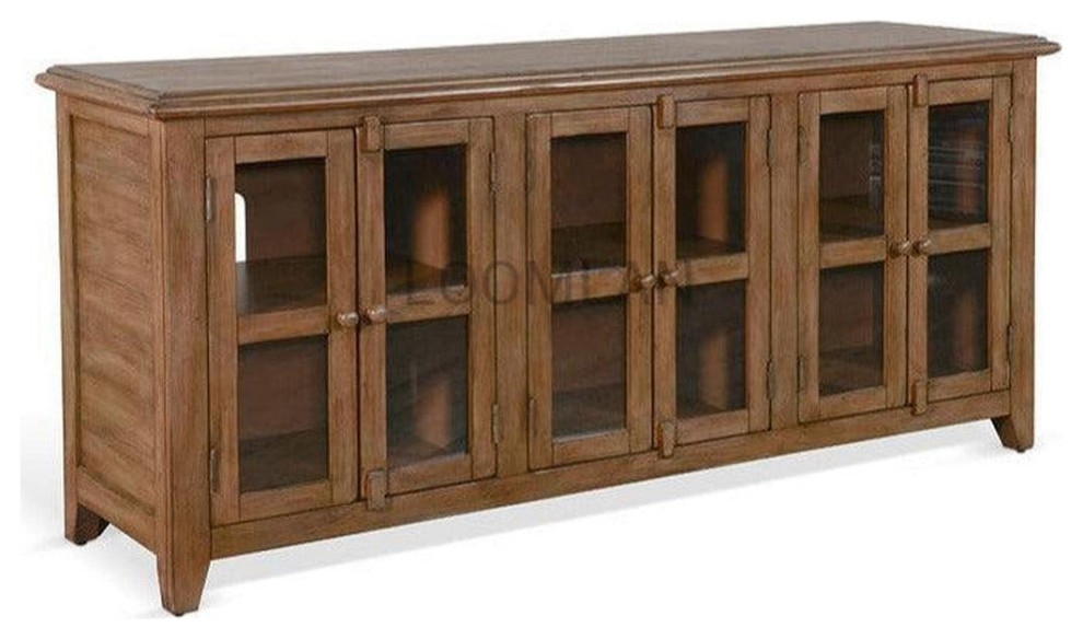 70 quotDistressed Brown TV Stand Media Console Glass Doors Storage Cabinet   Transitional   Entertainment Centers And Tv Stands   by Sideboards and Things  Houzz