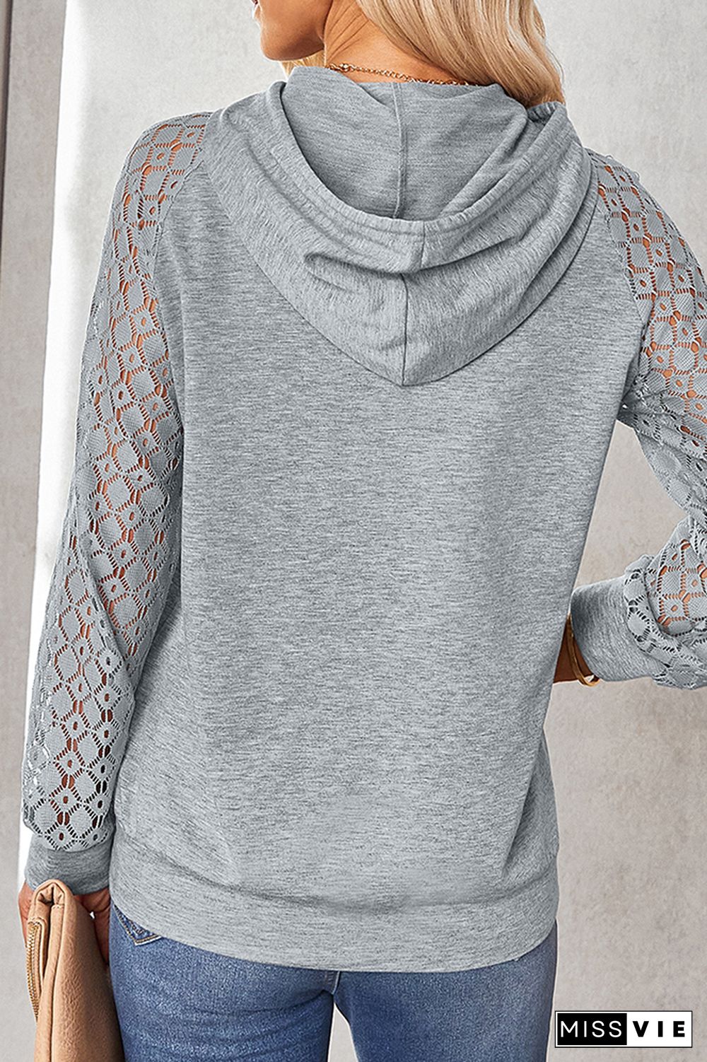 Crochet Lace Sleeves Kangraoo Pocket Drawstring Hoodies