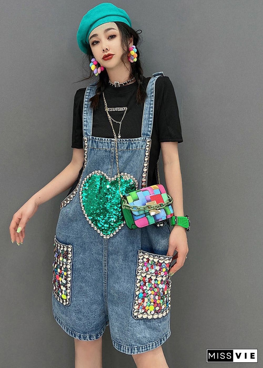 Stylish Blue Slash Neck Pockets Sequins Jumpsuit Summer