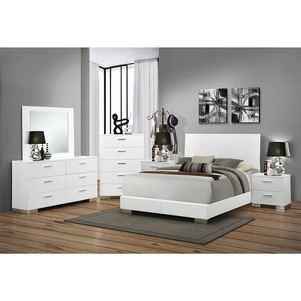 6 Piece PU Bedroom Set with Plank Headboard in Glossy White - - 36135711