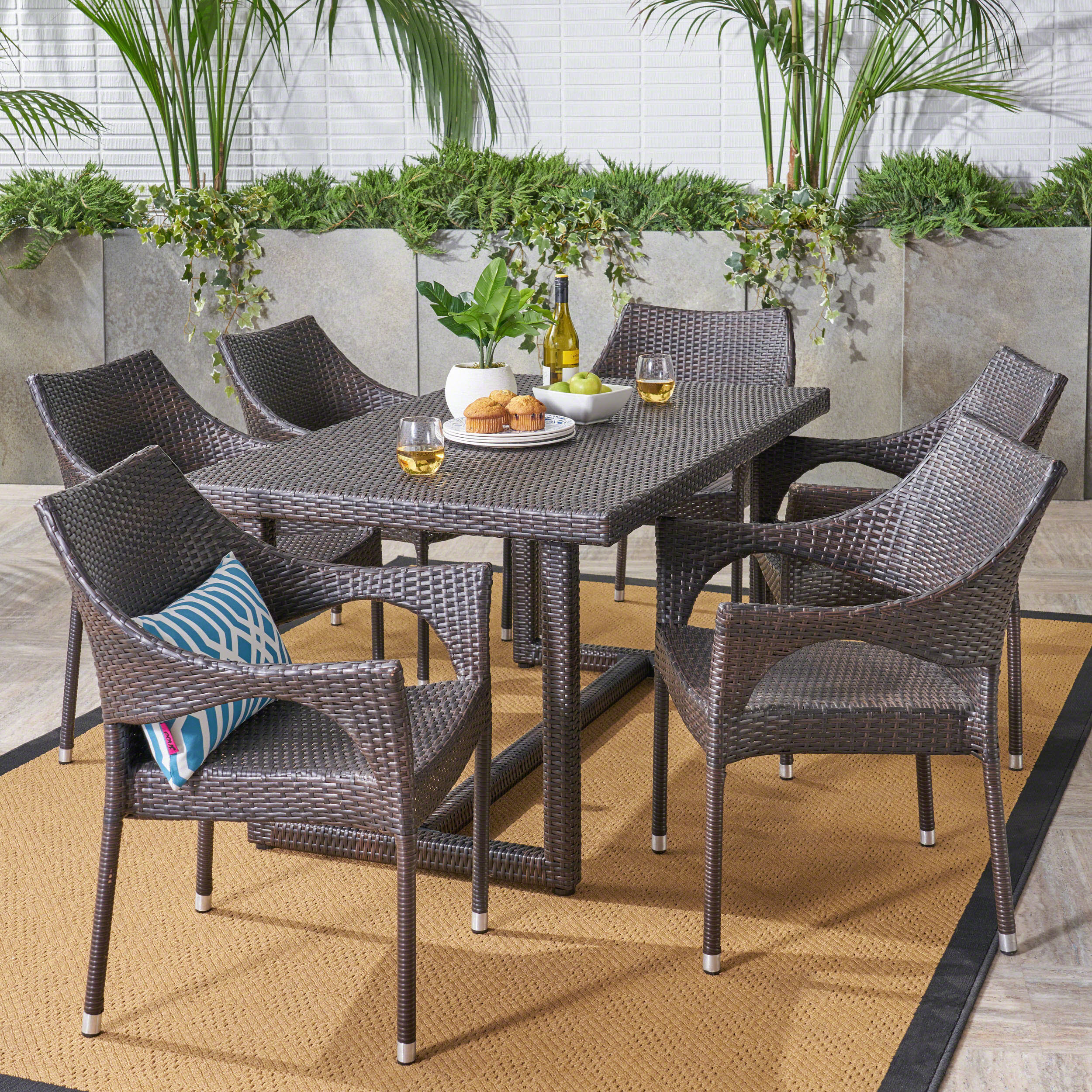 Rice Outdoor 7 Piece Wicker Dining Set, Multibrown