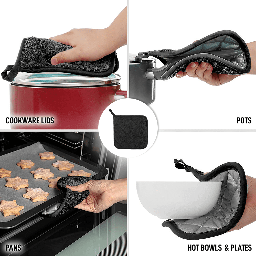 SUGARDAY Kitchen Pot Holders Sets Heat Resistant Pot Holder Cotton Oven Hot Pads for Cooking Baking Set of 3 7x7 Black