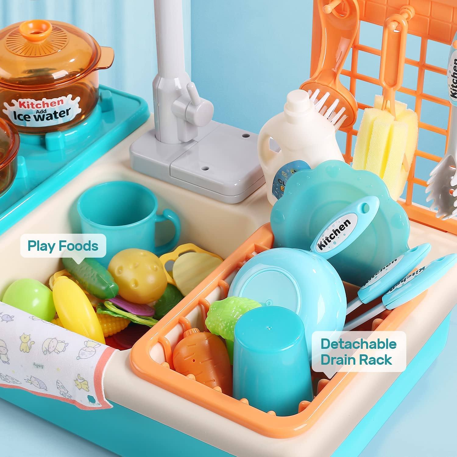 CUTE STONE Play Kitchen Sink Toys with Upgraded Real Faucet， Play Cooking Stove， Cookware Pot and Pan，Play Food， Color Changing Dishes Accessories for Boys Girls Toddlers