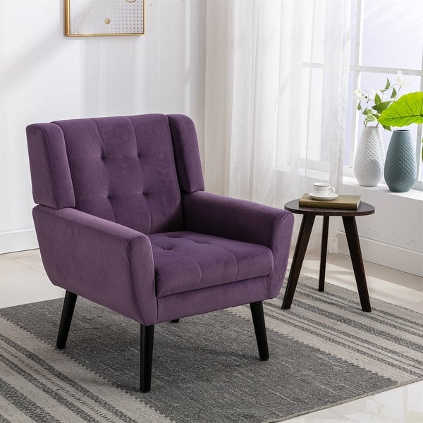 Linen Fabric Velvet Upholstered Accent Chair with Square Arm and Black Solid Wood Legs