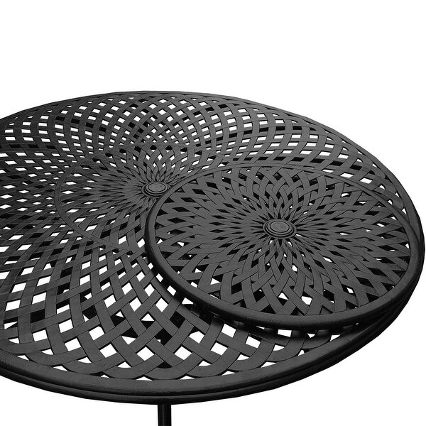 Modern Ornate Outdoor Mesh Aluminum 59in Large Round Patio Dining Set with Lazy Susan and Six Chairs