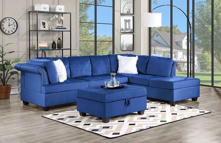 Valenca 3 Piece Sectional With Storage Ottoman Upholstered  Blue Velvet   Contemporary   Sectional Sofas   by Hollywood Decor  Houzz