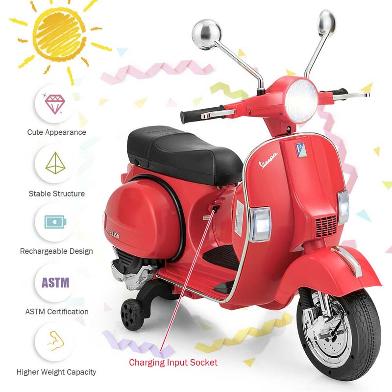 6V Kids Ride on Vespa Scooter Battery Powered Electric Riding Toy Motorcycle with Training Wheels