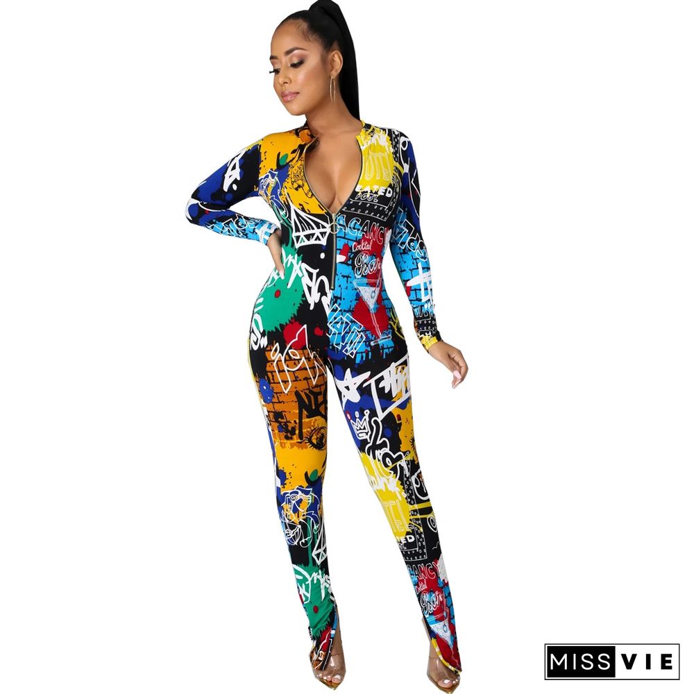 Women Autumn Clothing Digital Print Long Sleeve Front Zipper Bodycon Fitness One Piece Jumpsuit