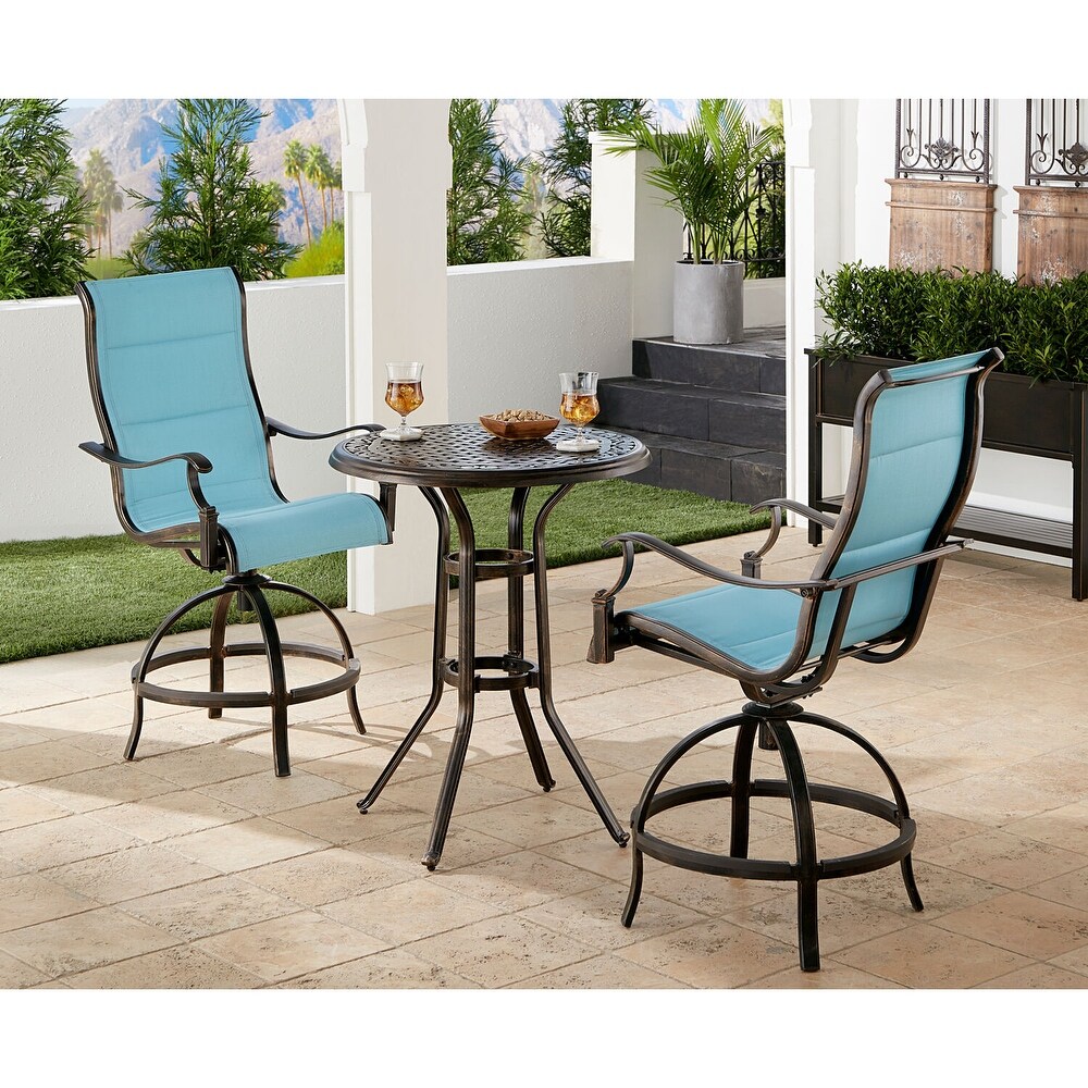 Hanover Traditions 3 Piece High Dining Bistro Set in Blue with 2 Padded Swivel Counter Height Chairs and 30 in. Cast top Table