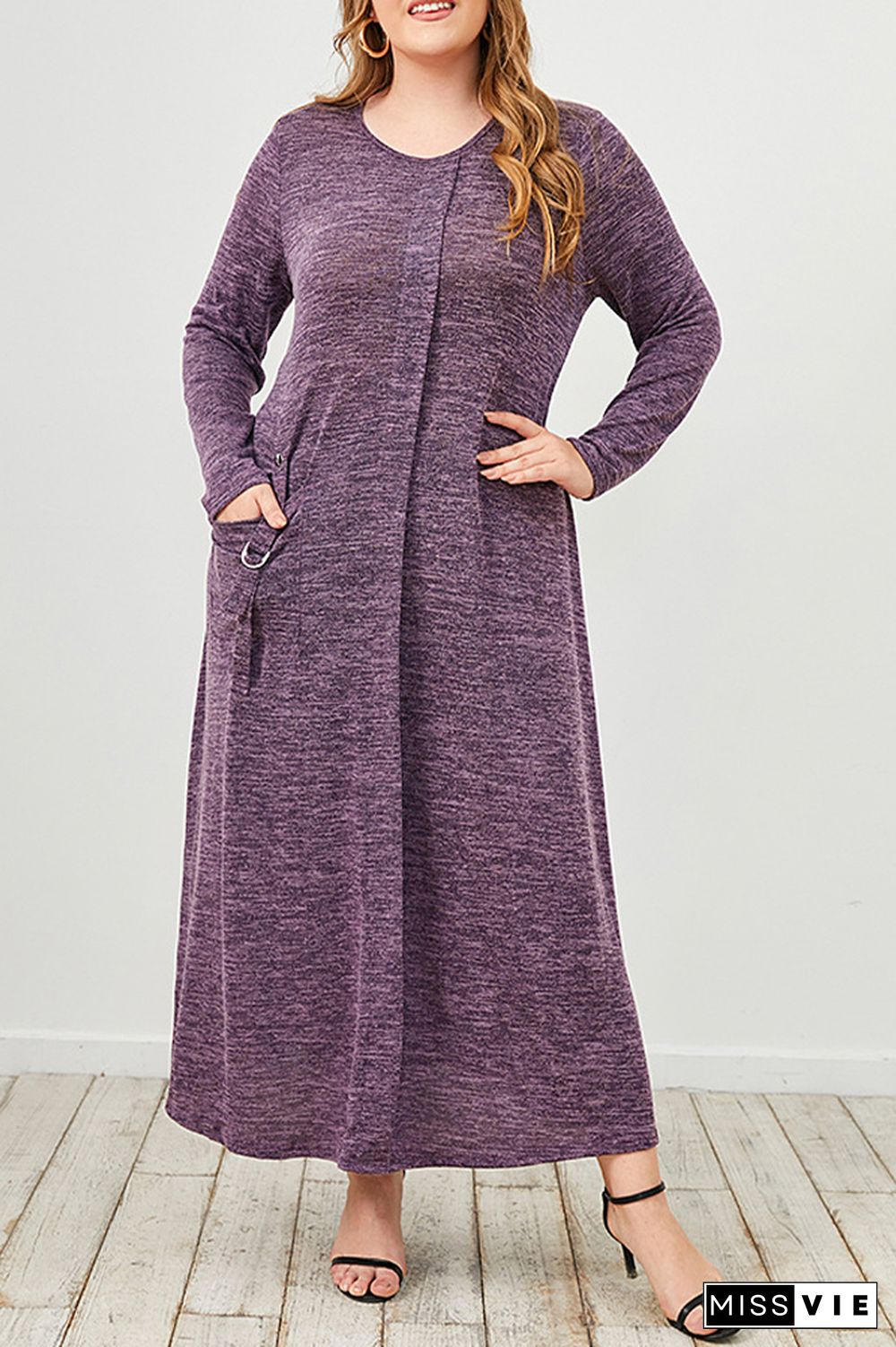 Plus Size Solid Purple Long Sleeve Elegant Dress Wholesale