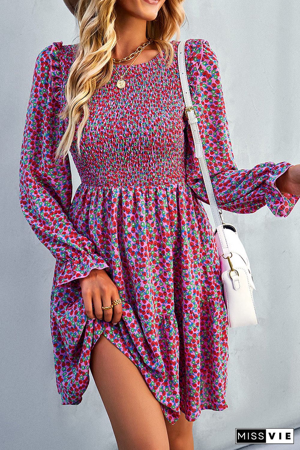 Smocked Puffy Long Sleeves Floral Dress