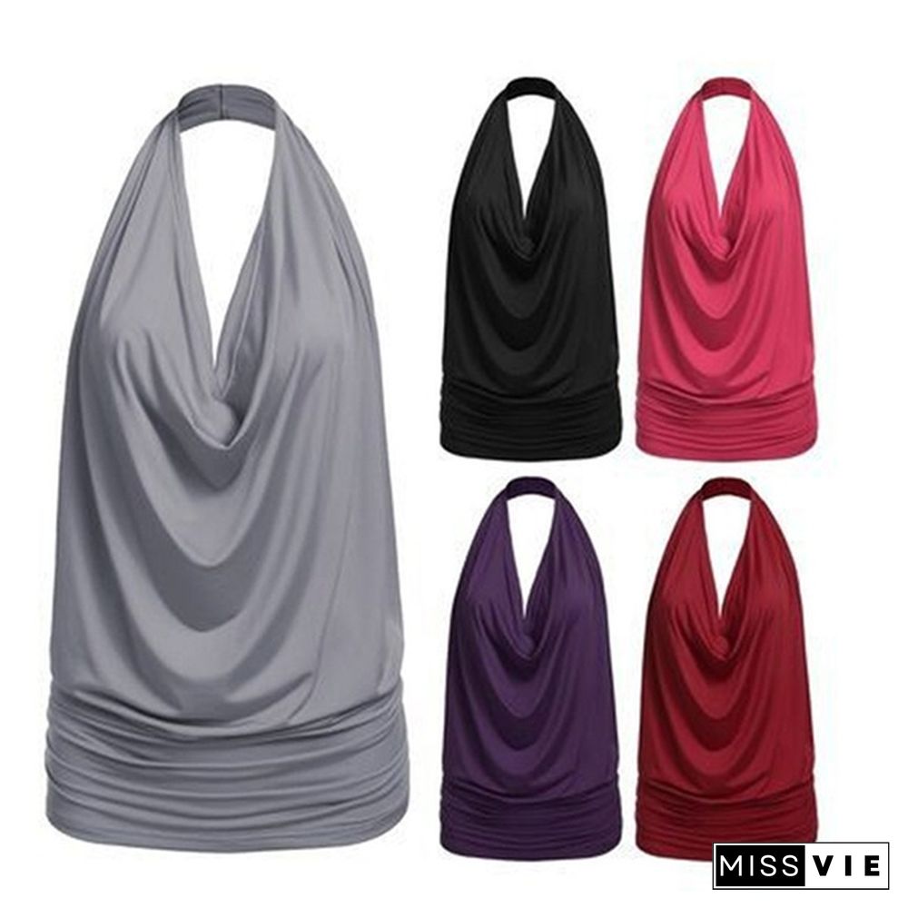 Women Sexy Halter Cowl Neck Backless Ruched Tank Tops