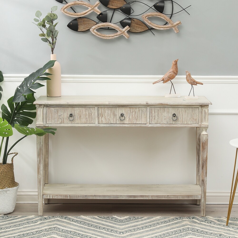 Whitewashed Wood 3 Drawer 1 Shelf Console and Entry Table   31.63in. H x 47.25in. W x 15.75in. D