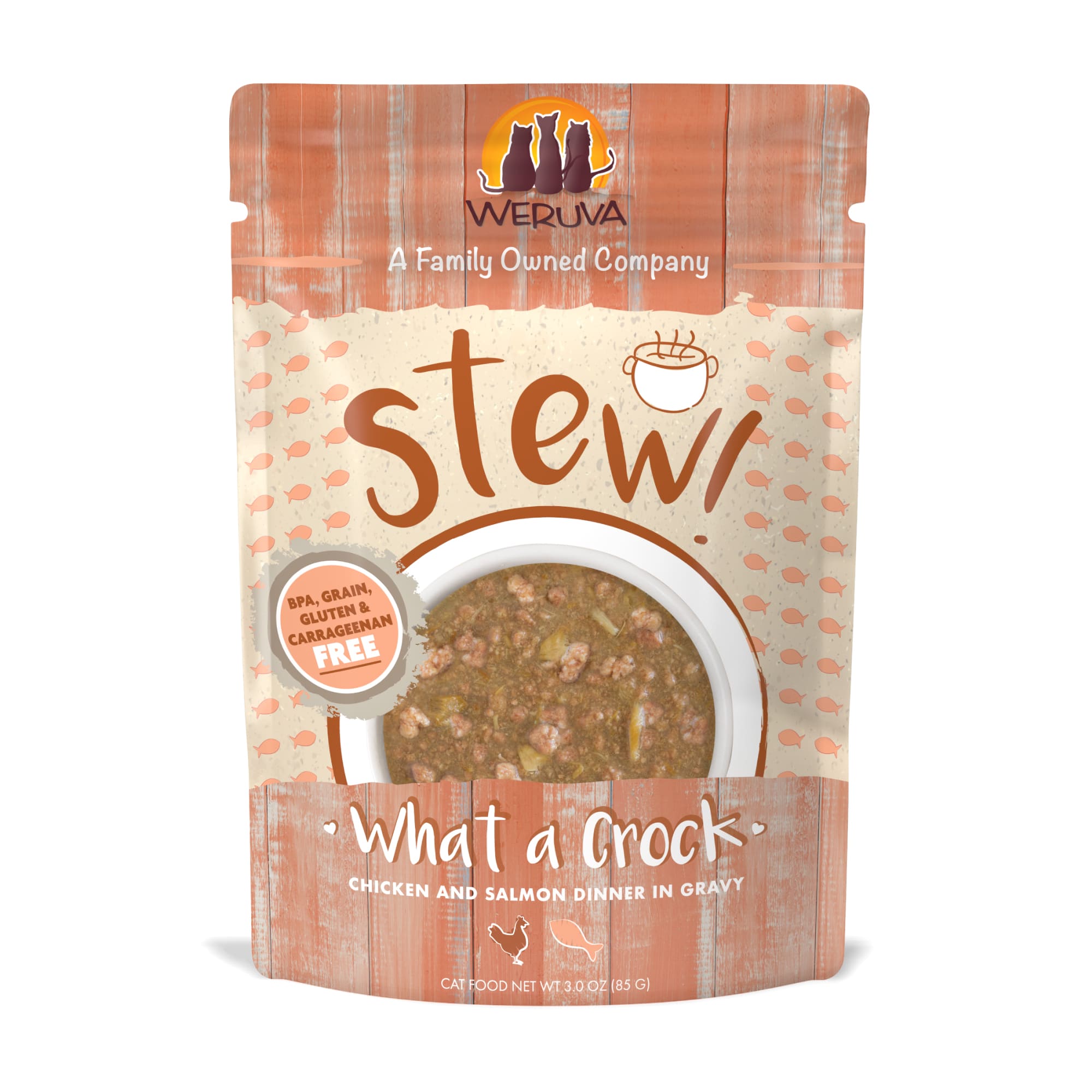 Weruva Stew! What a Crock Chicken and Salmon Dinner in Gravy Wet Cat Food， 3 oz.， Case of 12