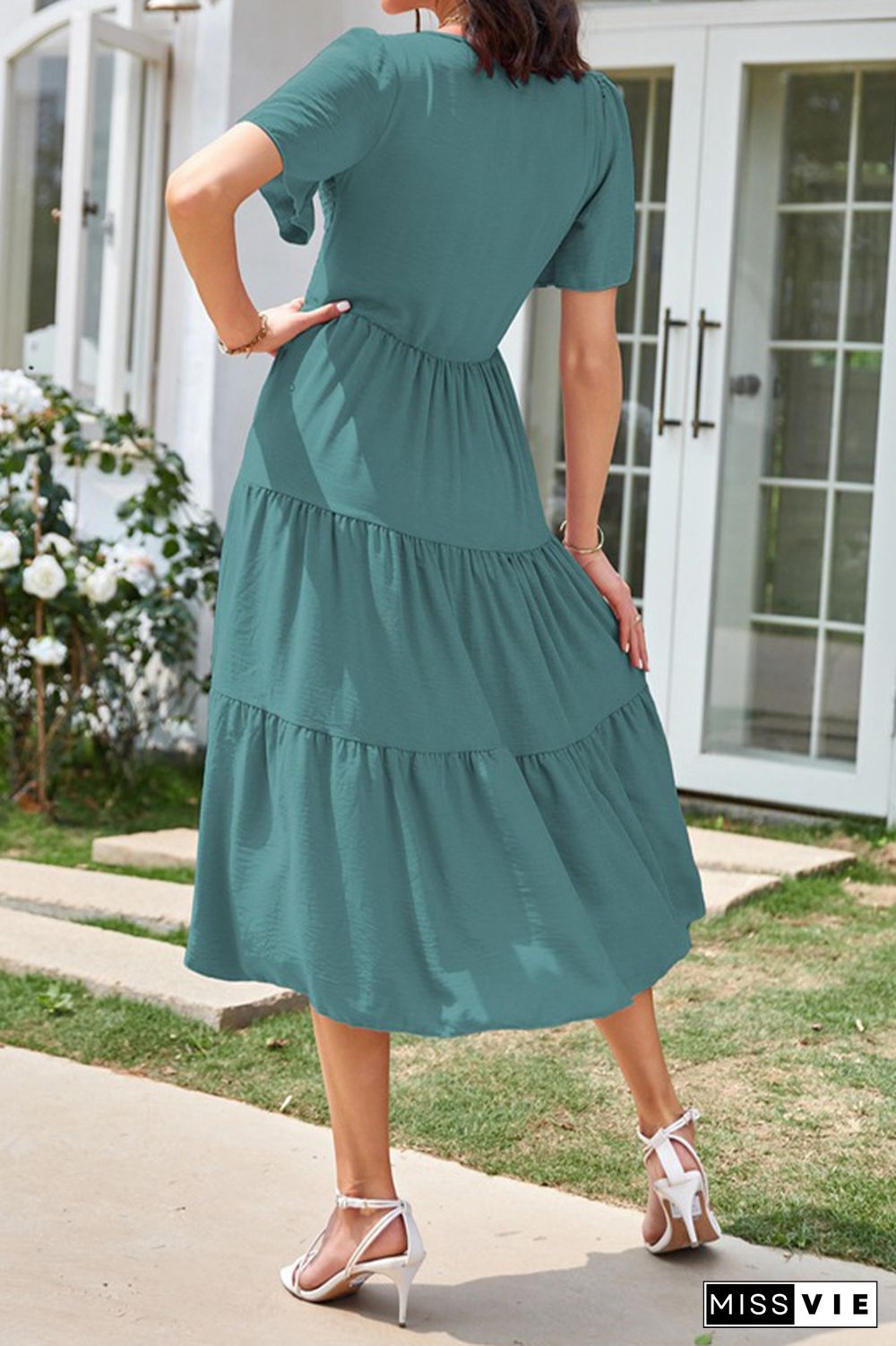 V Neck Smocked Tiered Short Sleeves Dress