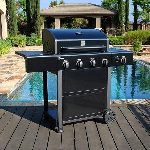 4-Burner Outdoor Propane Gas Grill with Side Burner， Open Cart， Stainless Steel