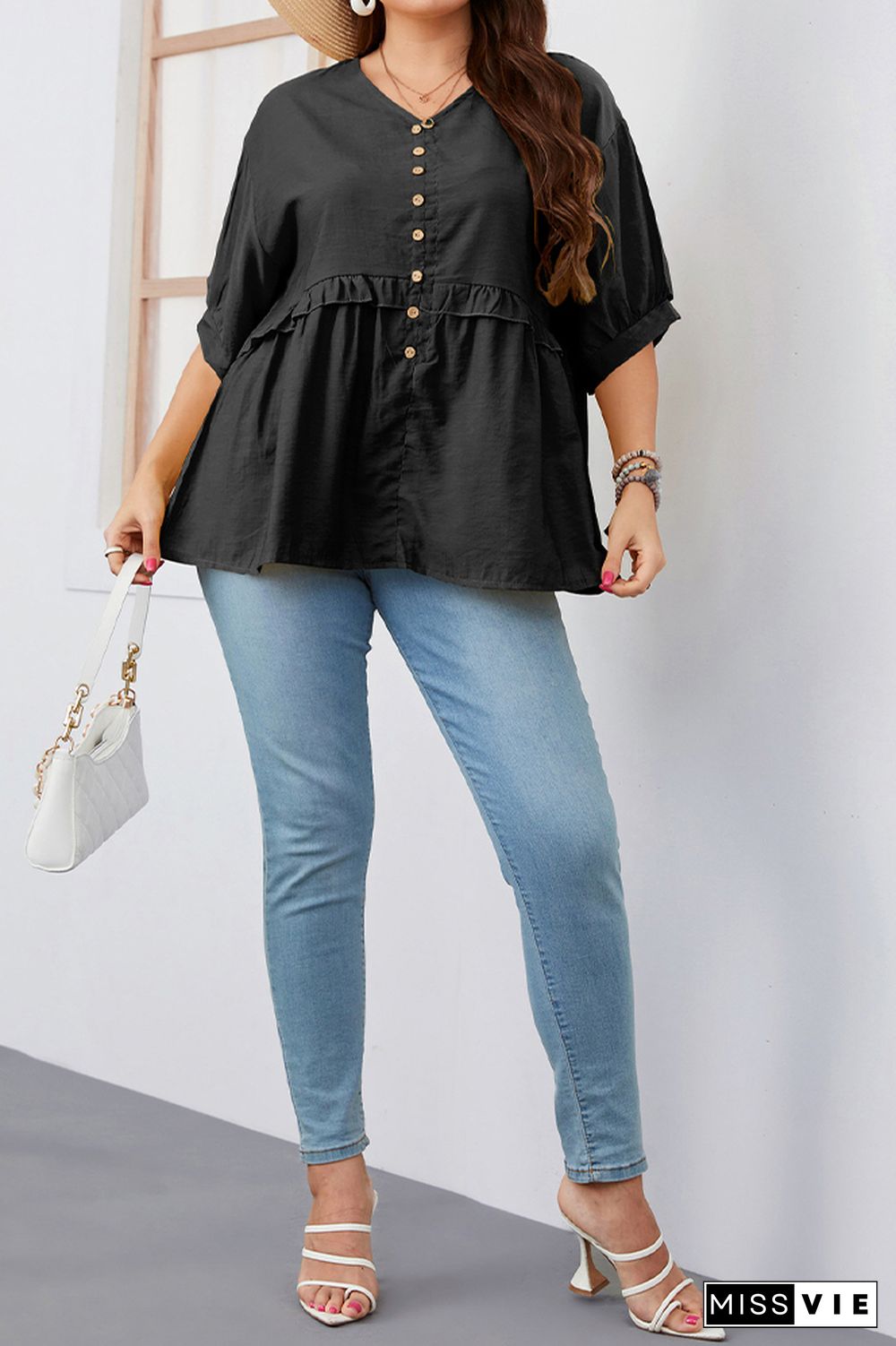 Button Down V Neck Ruffle Plus Size Top