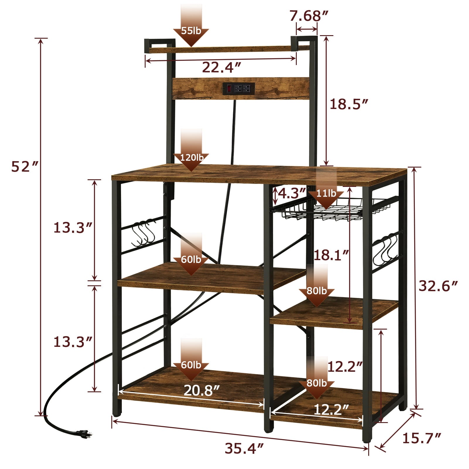 SUPERJARE Bakers Rack with Power Outlet， Microwave Stand， Coffee Bar with Wire Basket， Wood Kitchen Storage Rack with 6 S-Hooks， Kitchen Shelves for Spices， Pots and Pans， Vintage Brown