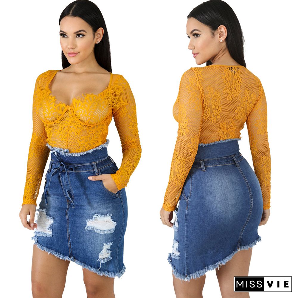 Summer New Women's Pocket Hole Tassel Stretch Fit Irregular Frayed Hem Denim Jean Lady Skirt