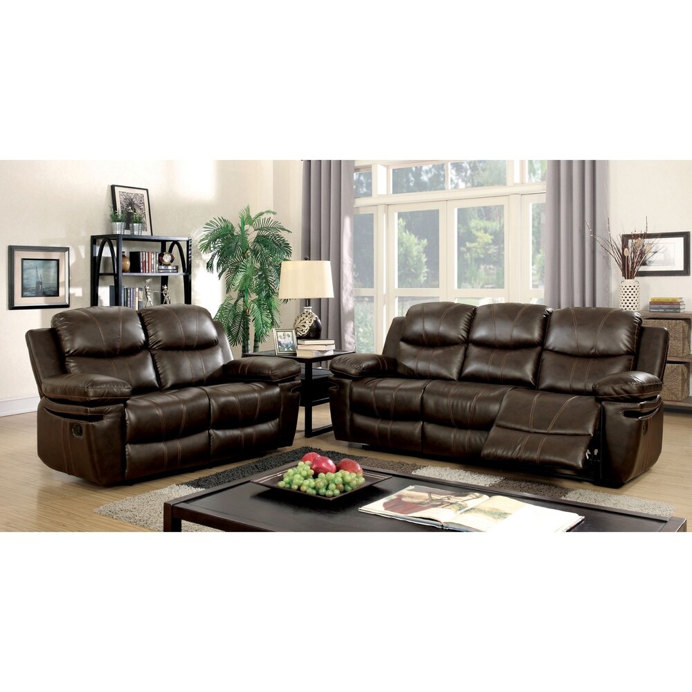 Eliv Transitional Brown Faux Leather 3 Piece Reclining Sofa Set with USB by Furniture of America