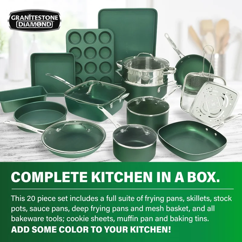 GRANITESTONE Emerald Green 20-Piece Aluminum Ultra-Durable Triple Layer Non-Stick Cookware and Bakeware Set