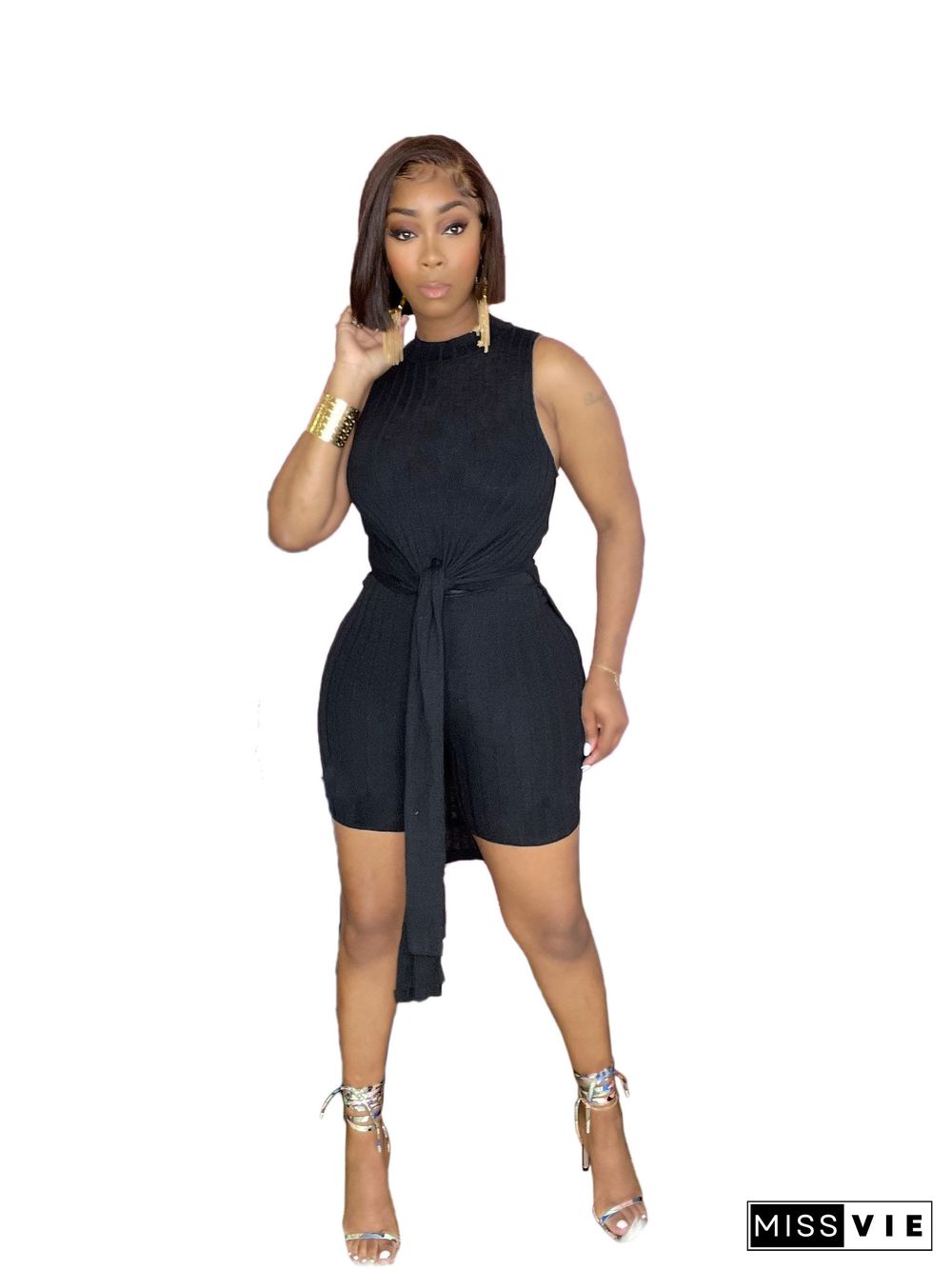 Ribbed Side Split Long Tops Biker Shorts Tracksuit