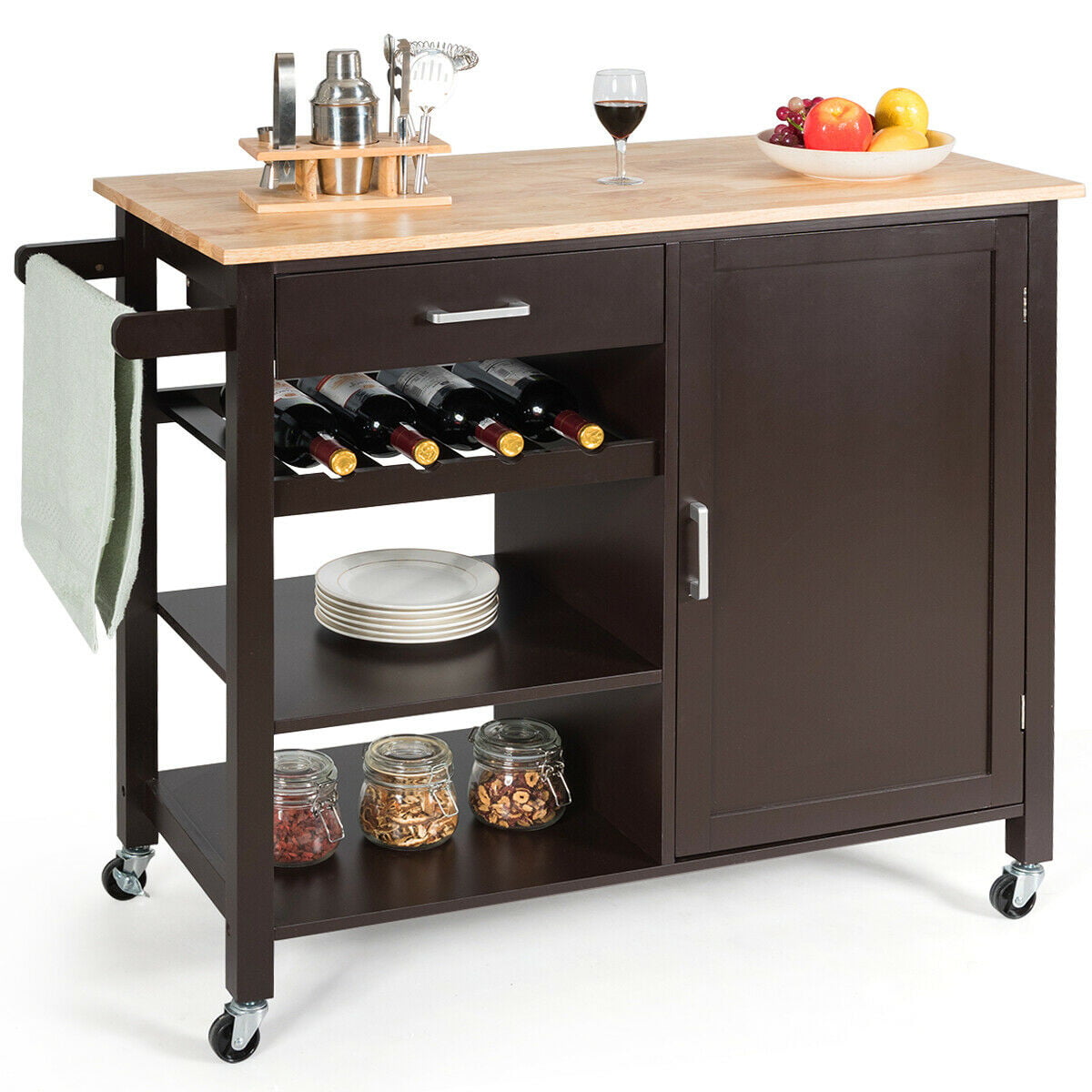 Gymax 4-Tier Wood Kitchen Island Trolley Cart Storage Cabinet w/ Wine Rack and Drawer