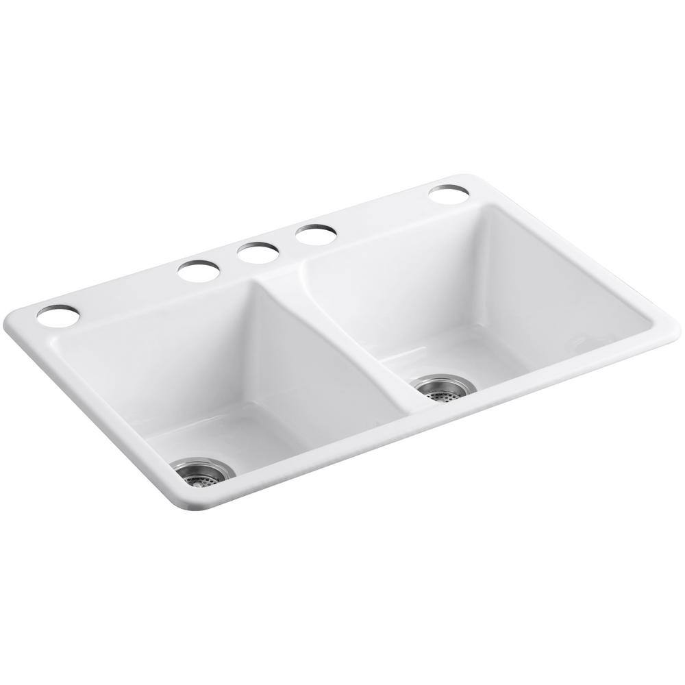 KOHLER Deerfield Undermount Cast Iron 33 in. 5-Hole Double Bowl Kitchen Sink in White K-5873-5U-0