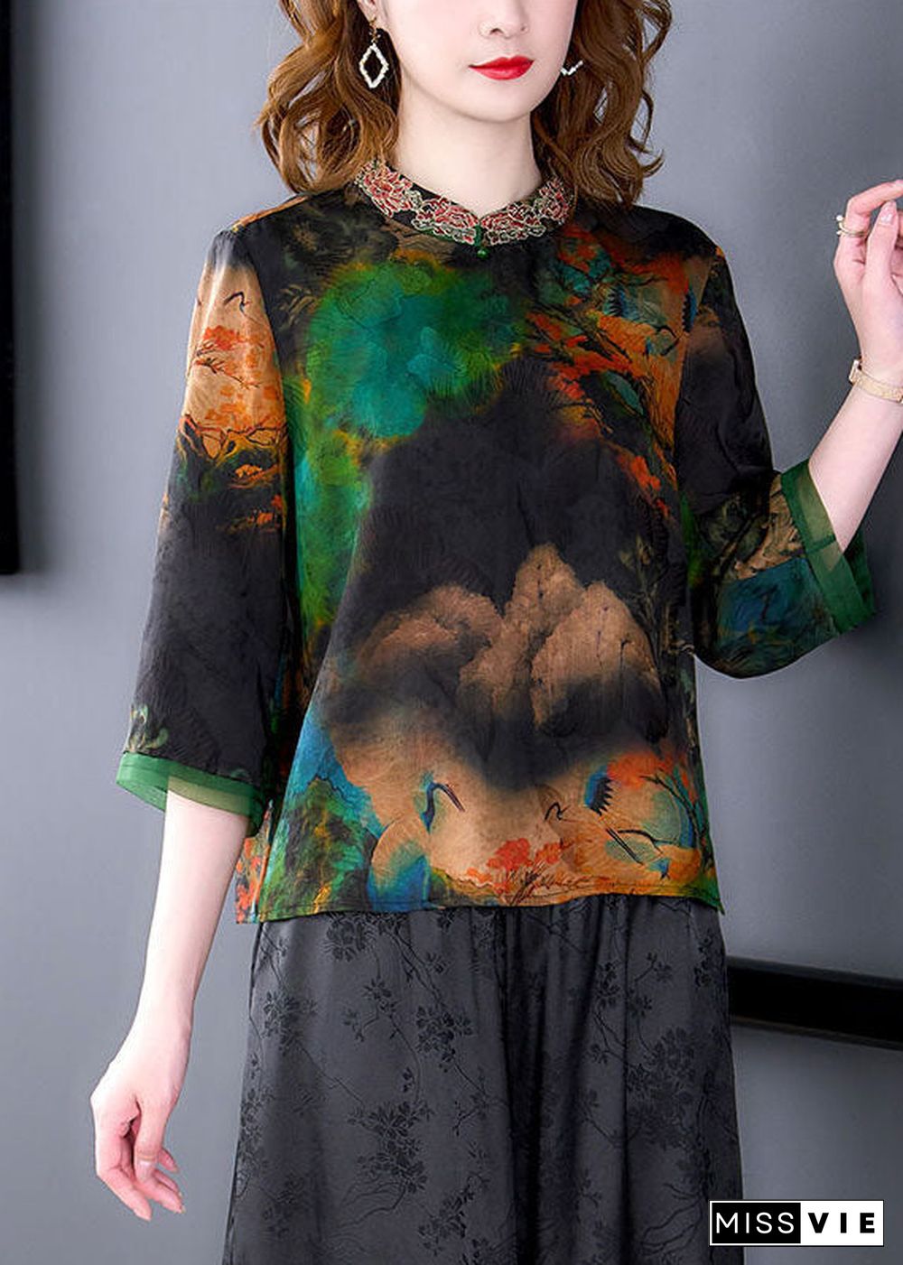 Art Black Stand Collar Embroideried Print Silk Shirt Bracelet Sleeve