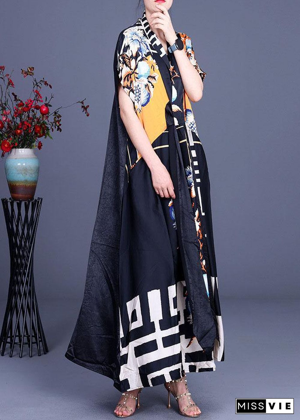 Comfy Black Print Patchwork Silk Robe Dresses Summer