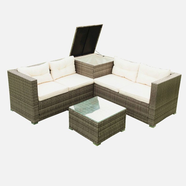 4pc All weather Wicker Patio Set With Cushions Gray beige Godeer Uv resistant Rust resistant Easy Assembly