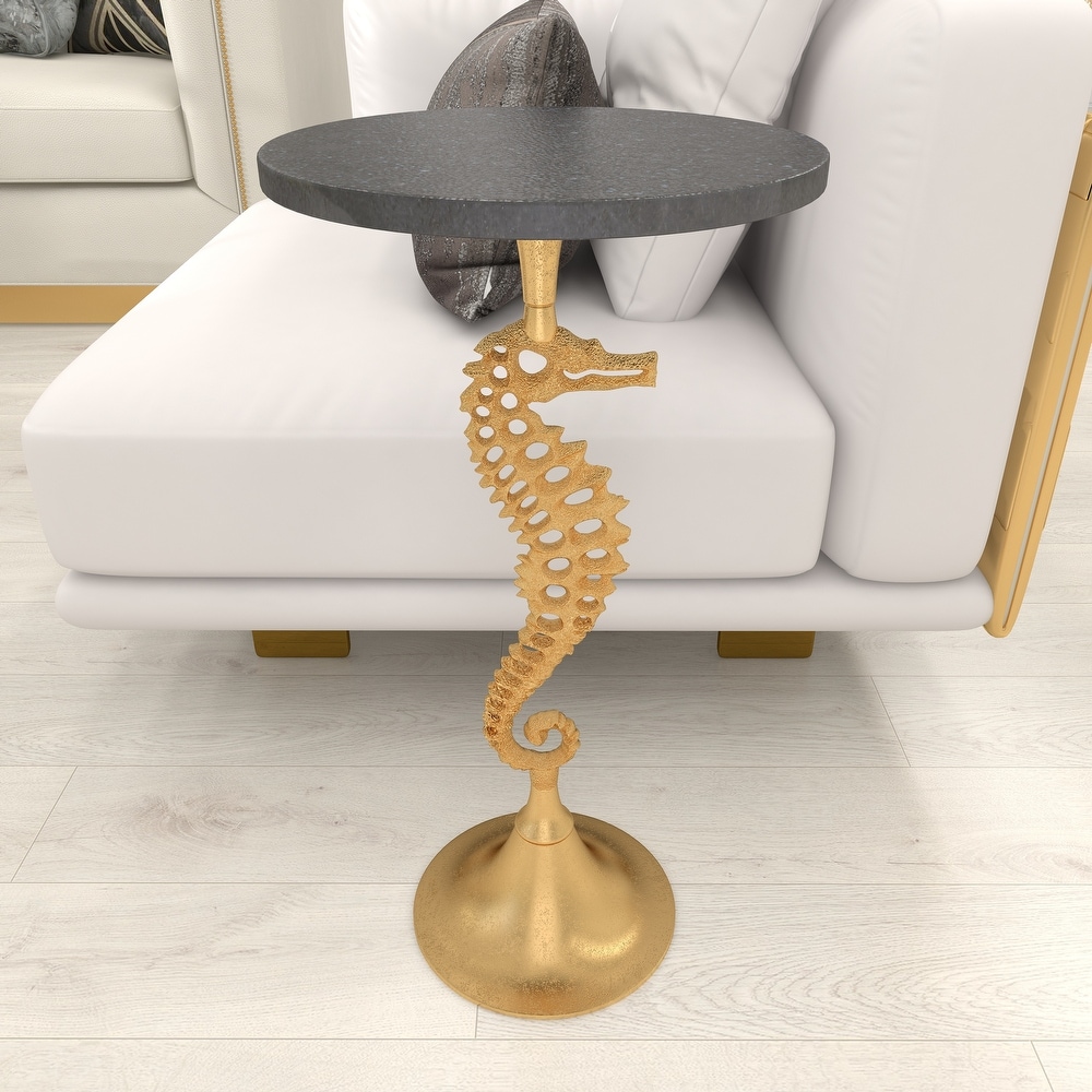 Gold Aluminum Sea Horse Accent Table with Black Marble Table Top   13 x 13 x 25Round