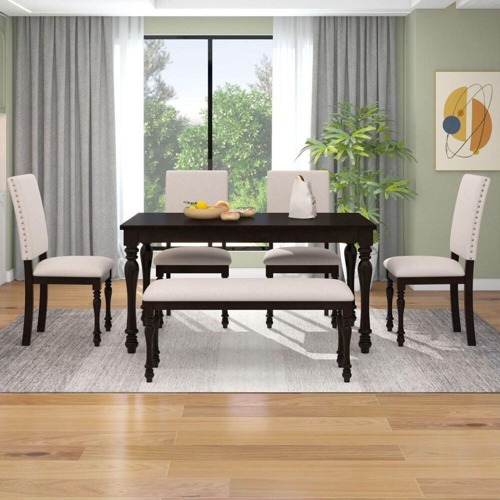 6 Piece Wood Dining Table Set with Turned Legs 4 Upholstered Chairs and Bench