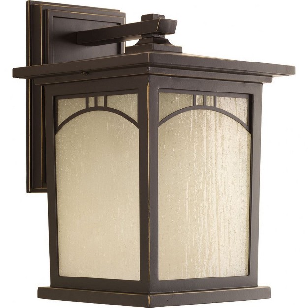 Progress Lighting Residence Collection 1 light Outdoor Wall Lantern Antique Bronze Umber Textured Art Glass Shade