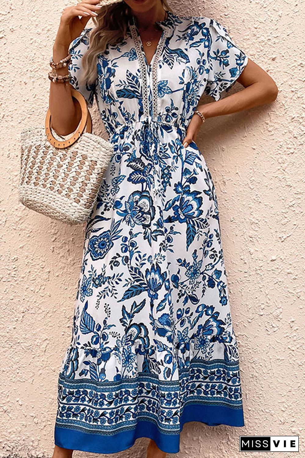 Blue Flower Print Splicing Long Dress