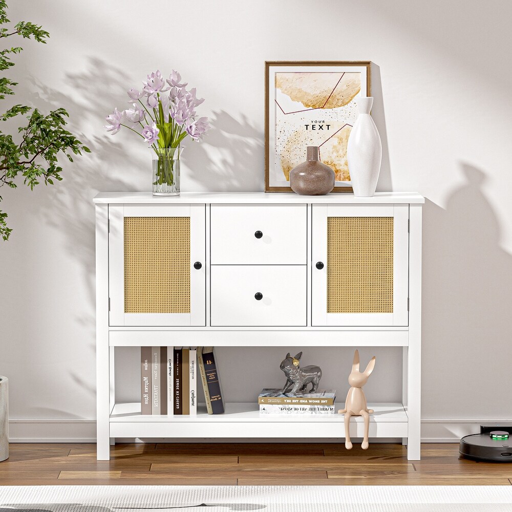 Buffet Sideboard with Bottom Shelf Farmhouse Rattan Storage Sideboard Console Table with 2 Drawers and Cabinets