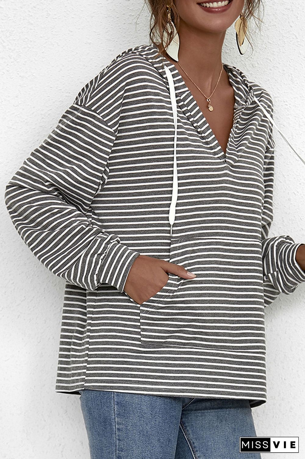 Stripes V Neck Front Pocket Drawstring Hoodies Wholesale