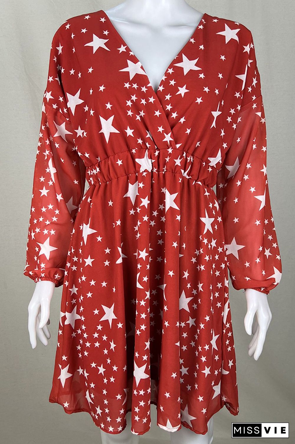 Star Print V Neck Baggy Long Sleeves Mini Dress