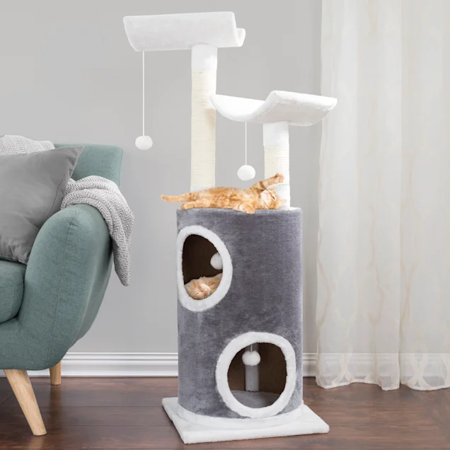 PETMAKER 5 Level Cat Tree Double Decker Condo with 4 Toys and 2 Scratching Posts in Gray， 44.75