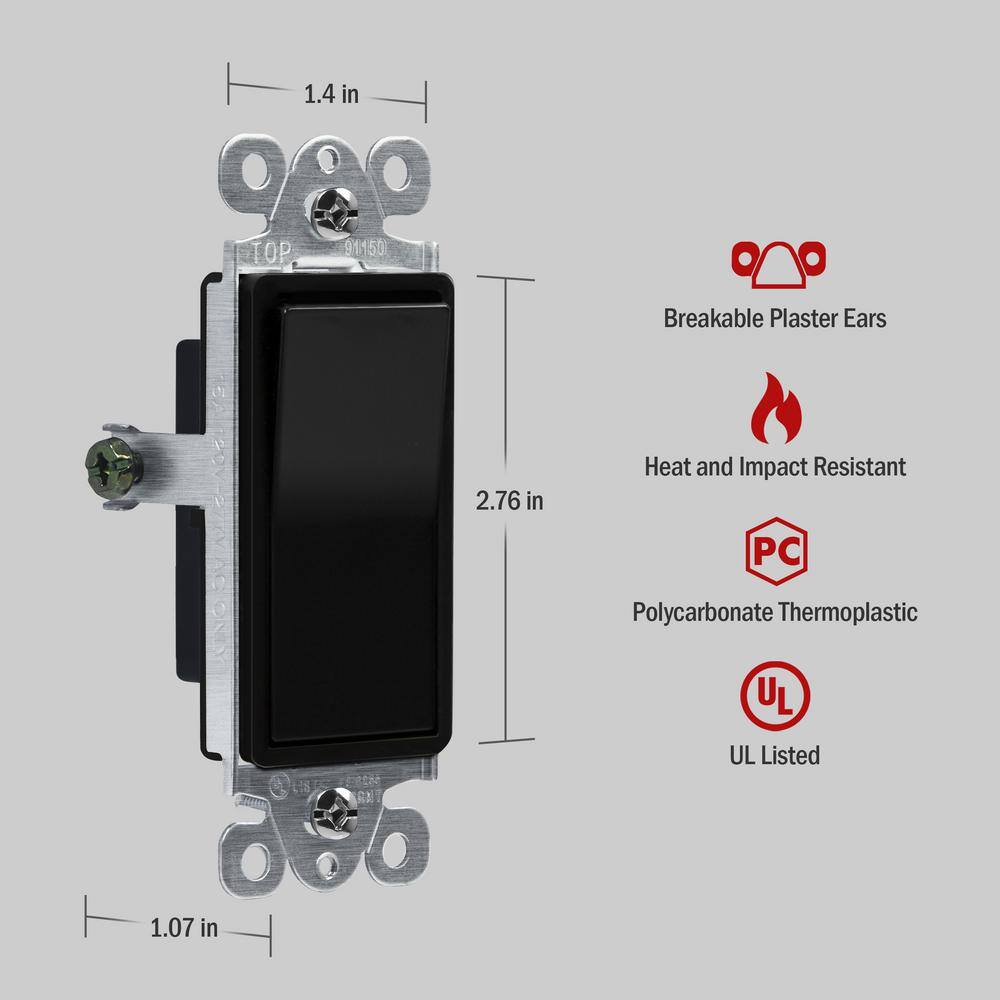 ENERLITES 15 Amp Single Pole Decorator Rocker Light Switch with Midsize Screwless Wall Plate Black (10-Pack) 91150-BKMSI10P